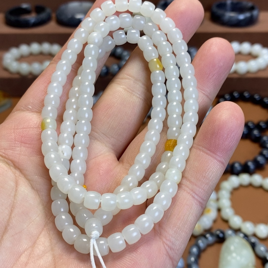 和田玉未镶嵌项链新疆和田玉带皮毛孔5×6直切108颗子料