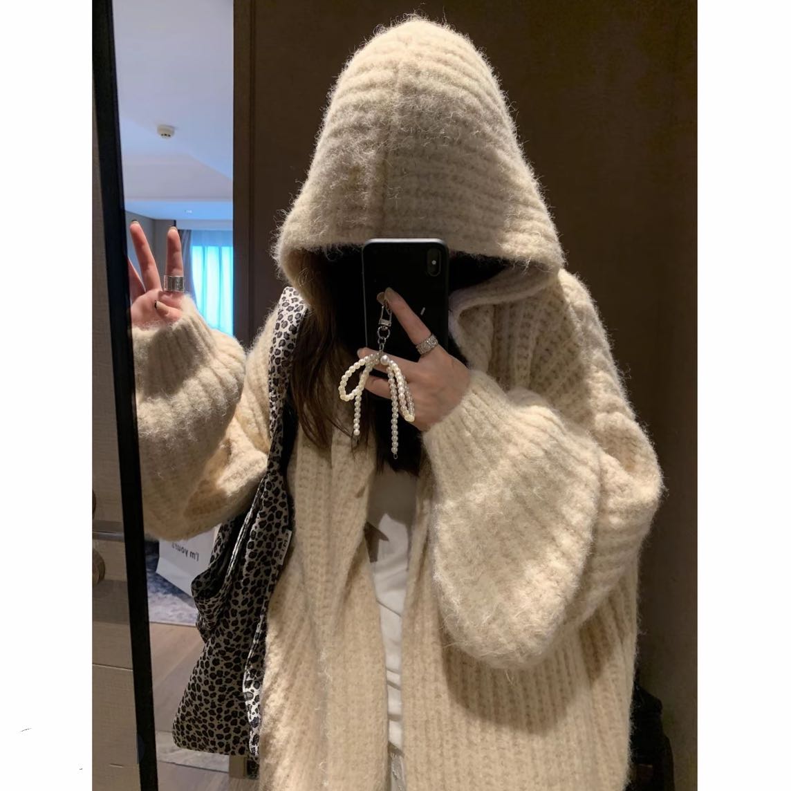 慵懒松弛感连帽针织开衫女2025法式中长款简约百搭上衣82060#0.15
