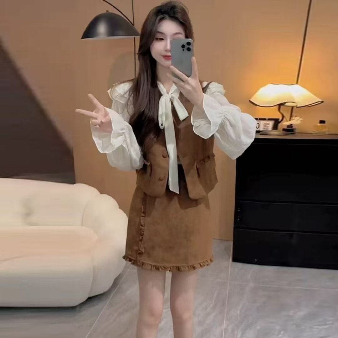 【晴儿家】秋季大码设计感美式复古美拉德衬衫马甲背心短裙8089