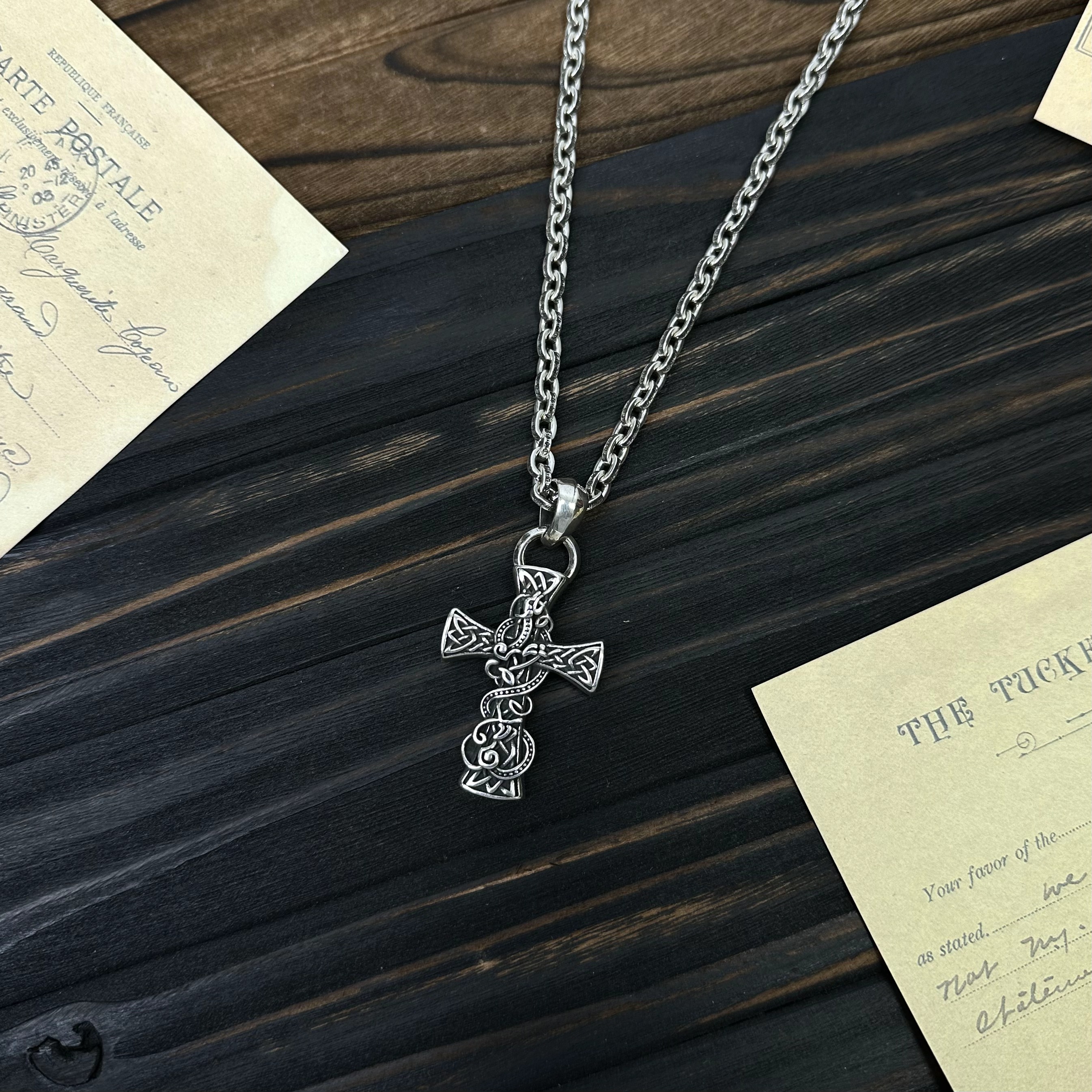 铜合金项链 凯尔特龙十字架长链做旧项链