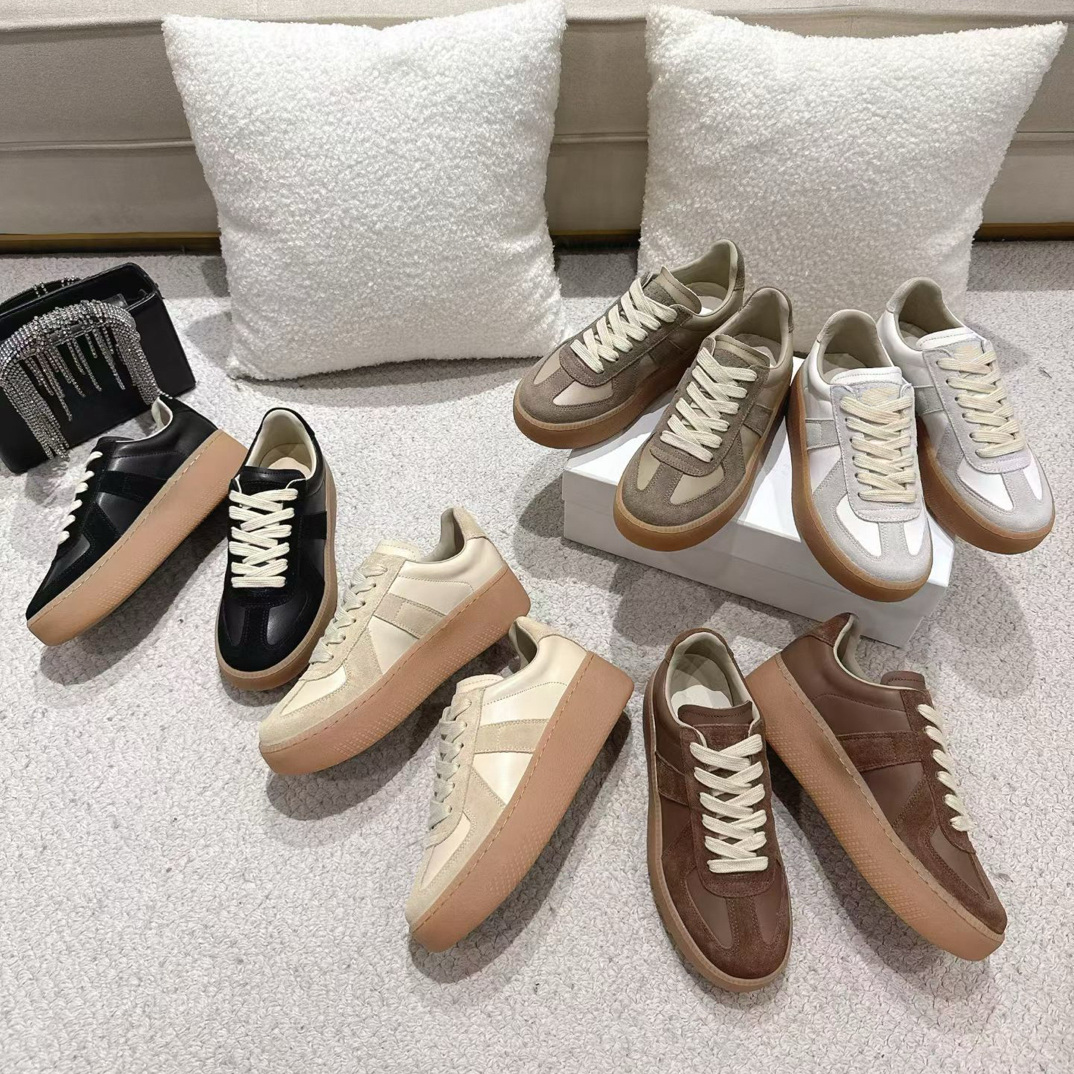 2025新款厚底系带德训鞋小个子增高板鞋拼色真皮休闲鞋时尚百搭