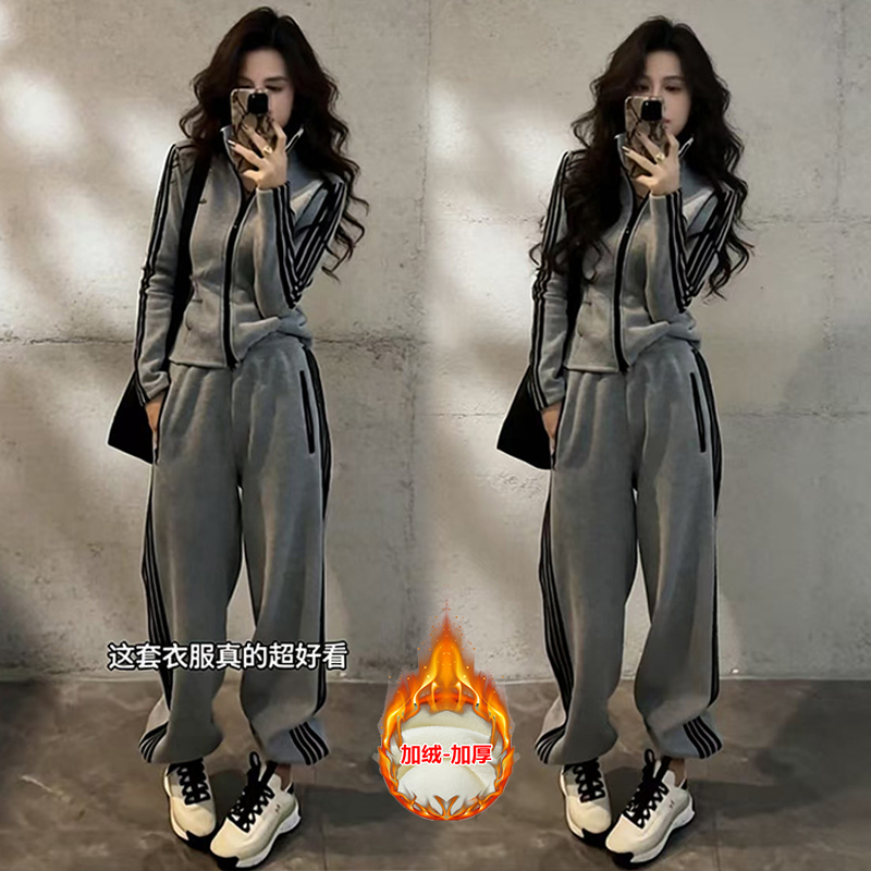 巨好看的冬装一整套减龄韩系慵懒风休闲运动立领外套阔腿裤两件套