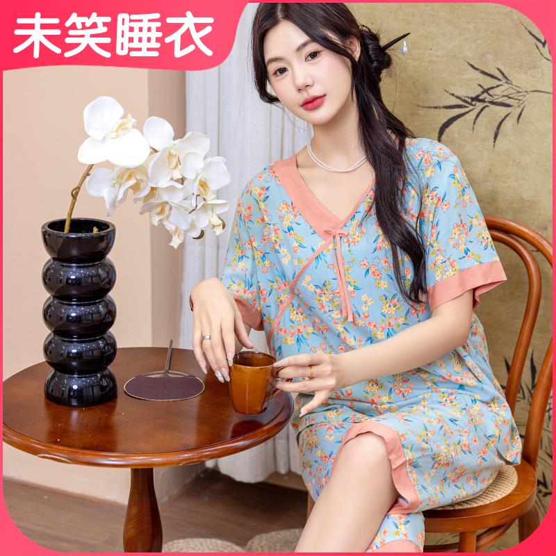 人造棉夏季女士睡衣短袖2025新款领套头新中式棉绸两件套家居服