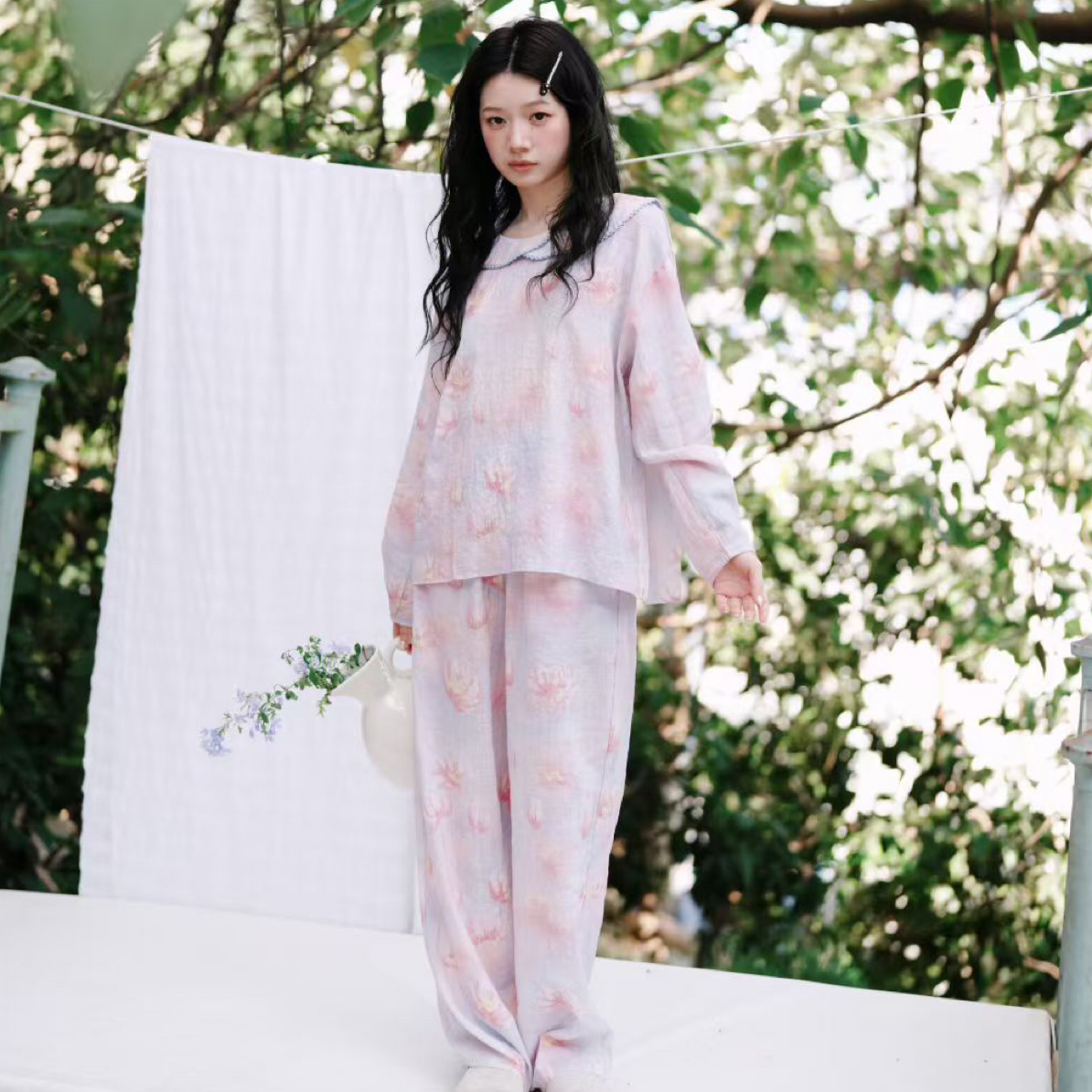朵朵可可秋冬圆领套头郁金香印花女士睡衣家居服套装