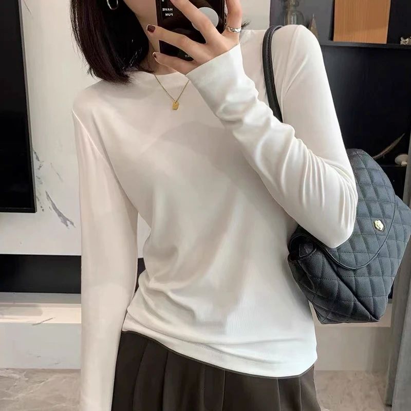 打底衫女内搭秋冬新款白色长袖t恤女装早秋装纯色显瘦韩系上衣服