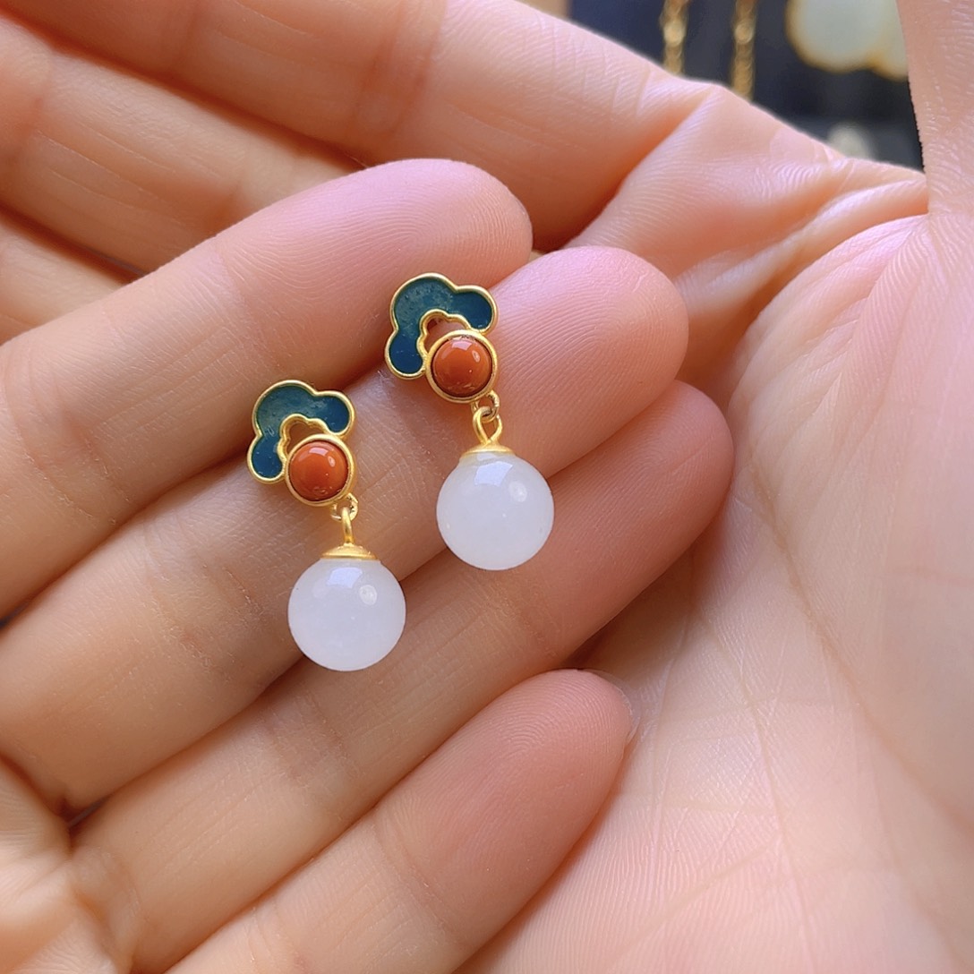 和田玉耳饰银S925镀金镶嵌