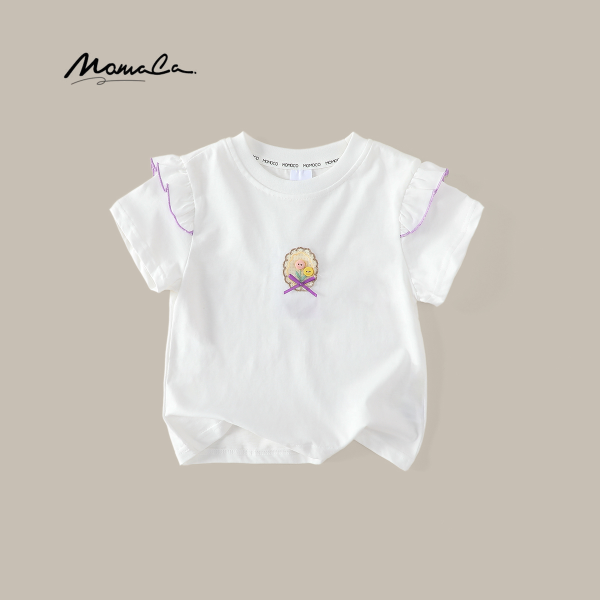 MOMOCO一秒入夏女童新款2025甜美飞袖刺绣花边袖T恤77630235057