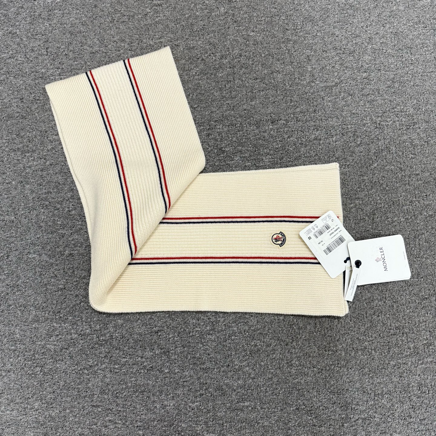 未使用 MONCLER 18776401三色嵌花围巾 未使用带吊牌26cm x 190cm