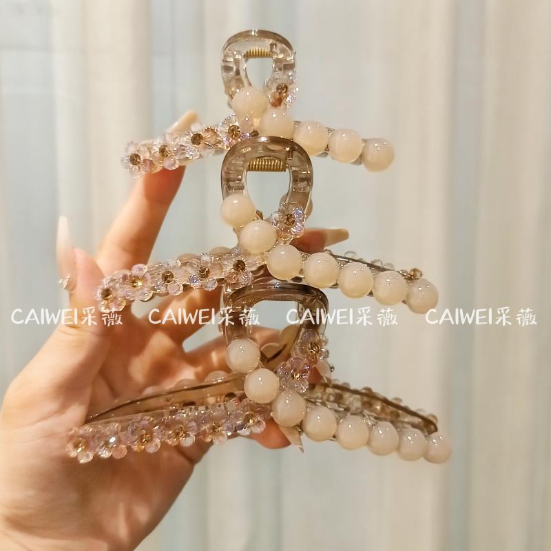 c1068秋冬新款莫奈紫花朵珠珠高级感抓夹鲨鱼夹优雅时尚气质百搭