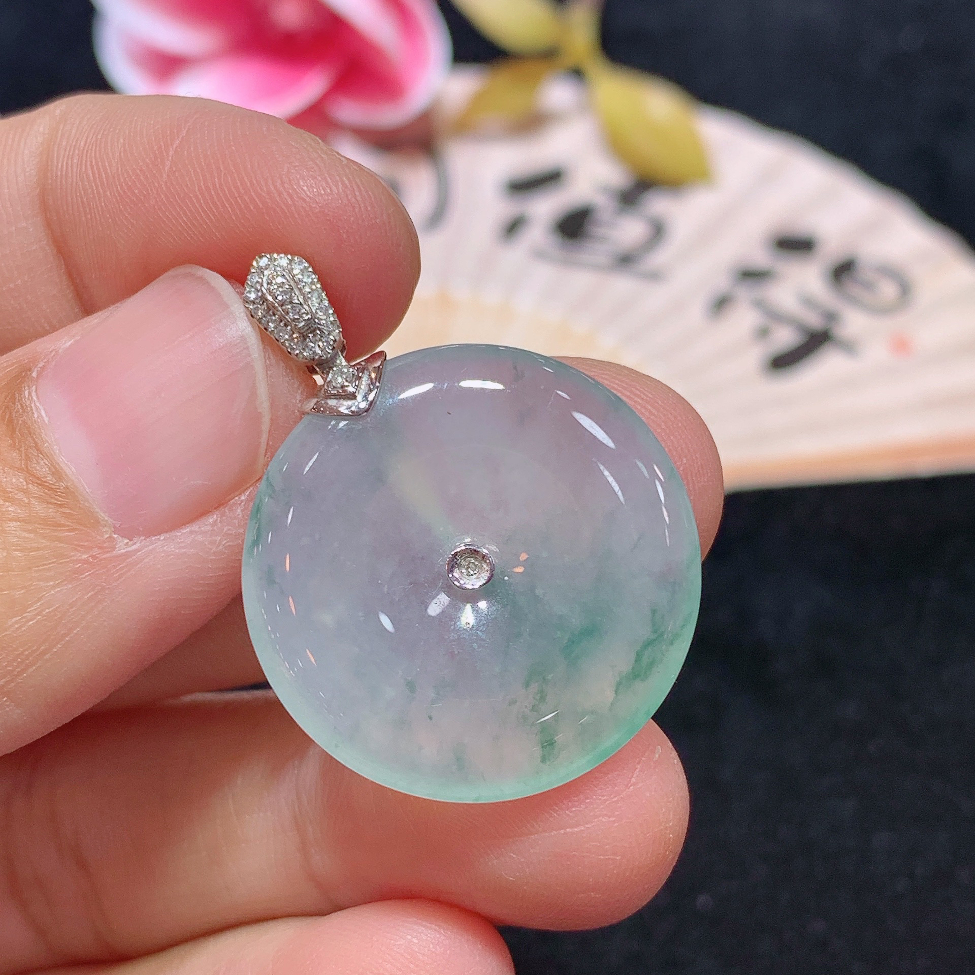 18k金天然A货翡翠飘花平安扣吊坠经典轻奢时尚