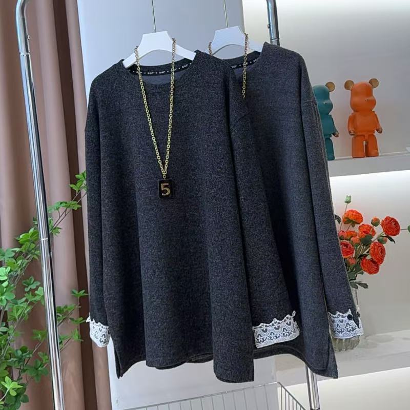 韩系时尚蕾丝花边拼接套头卫衣女秋冬宽松休闲慵懒外穿打底衫上衣