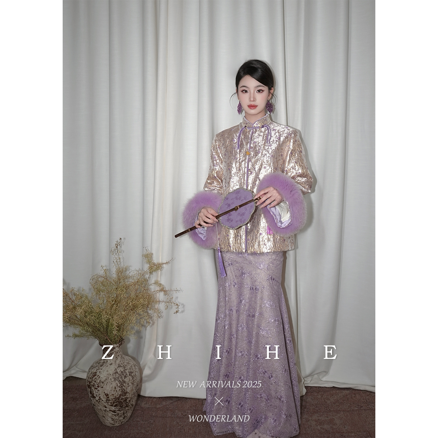 无艳一禾【紫玉仙子】新中式重工提花狐狸毛+蕾丝烫金半裙