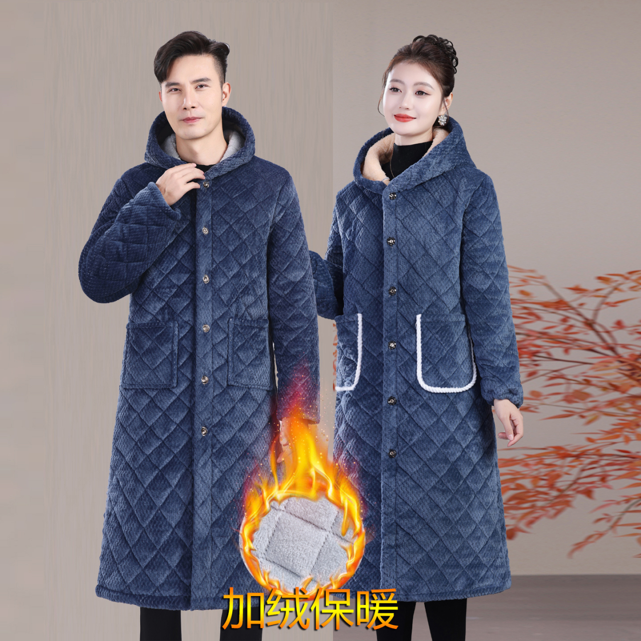 冬季新款加绒加厚棉衣长款睡衣中老年女士保暖衣棉服情侣居家罩衣