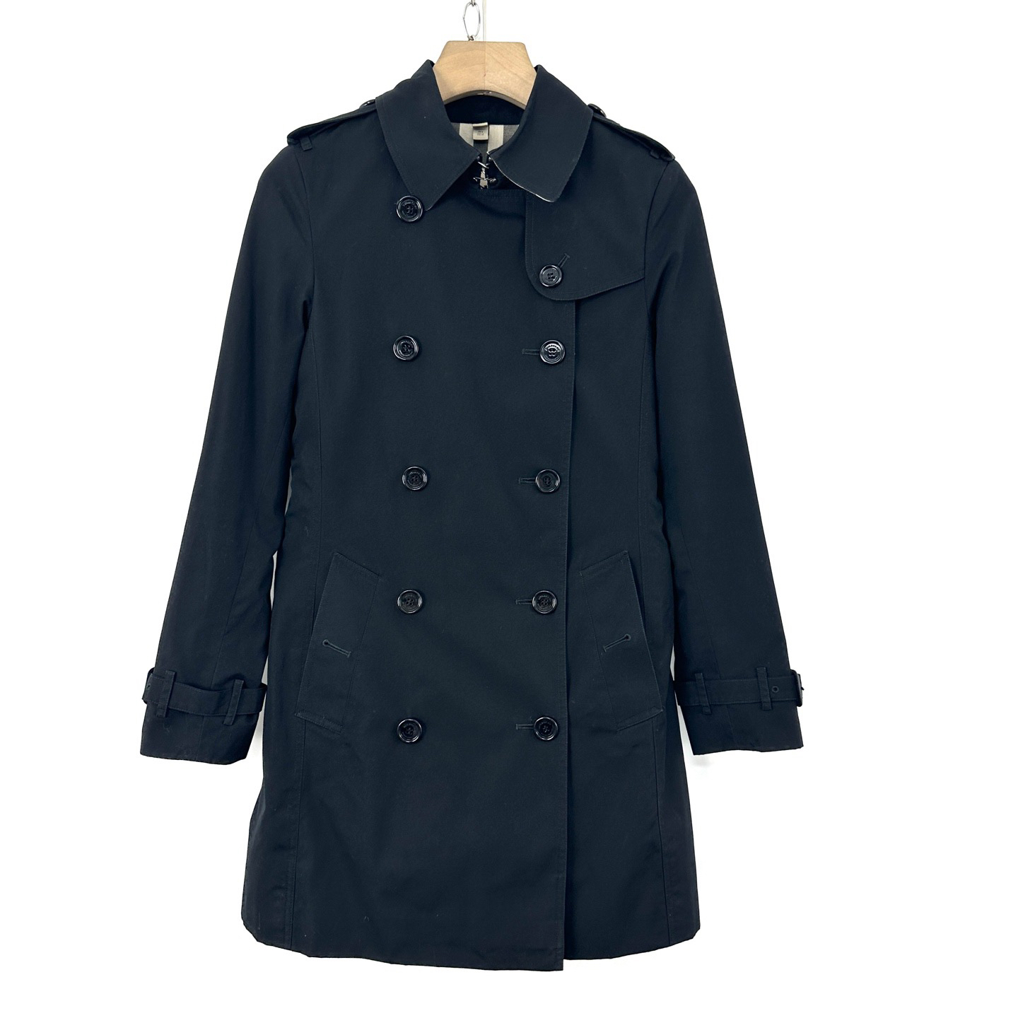 95新 BURBERRY/博柏利 UK8码/女士经典黑色双排扣风衣外套/08170
