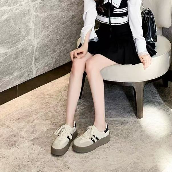 C5039 米黑绒里  时尚圆头系带休闲运动鞋女士板鞋