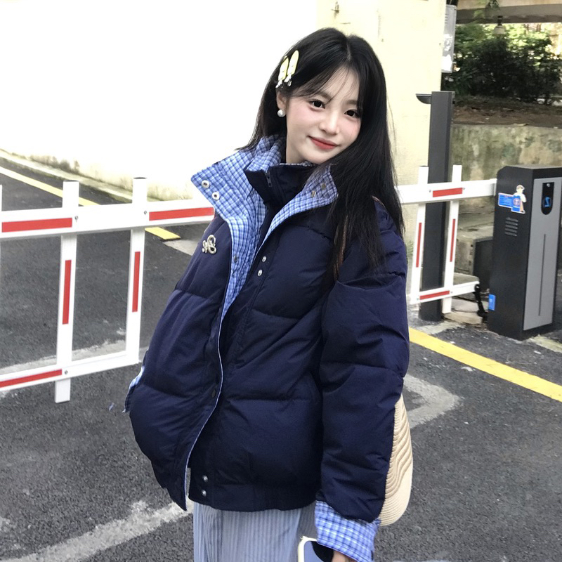 冬季新款设计感双层领格子拼接宽松加厚女面包服外套短款