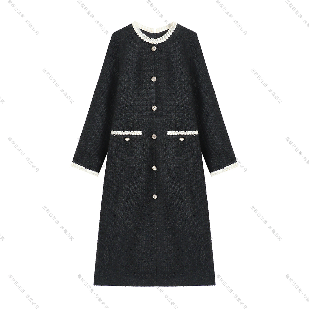 【南油虹姐】秋冬新款小香风圆领木耳边设计拼接加厚款连衣裙3136