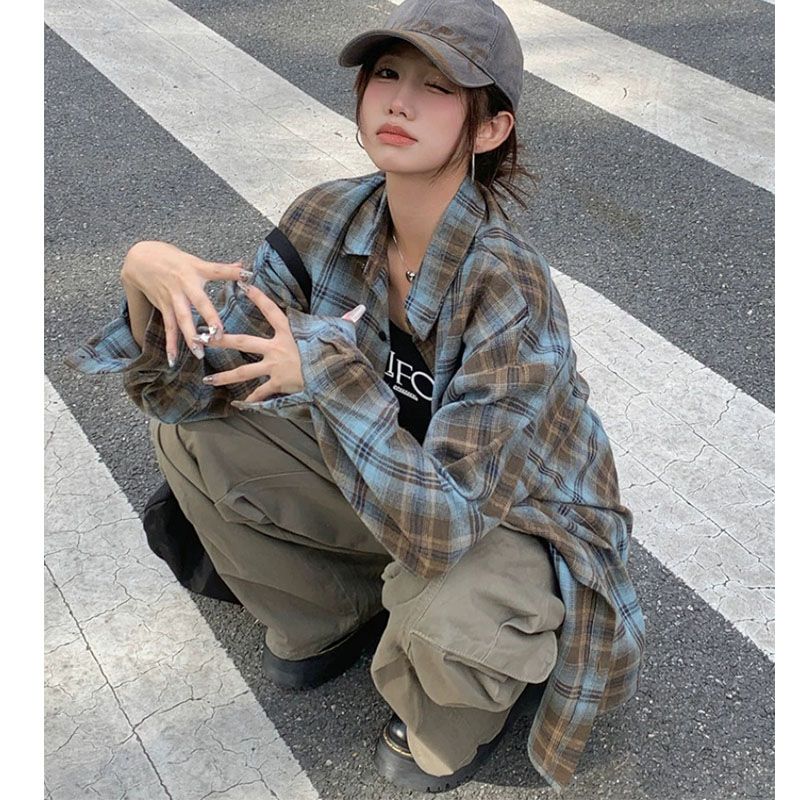 硫酸铜美拉蓝穿搭格子衬衫外套女秋季宽松慵懒松弛感高级上衣衬衣