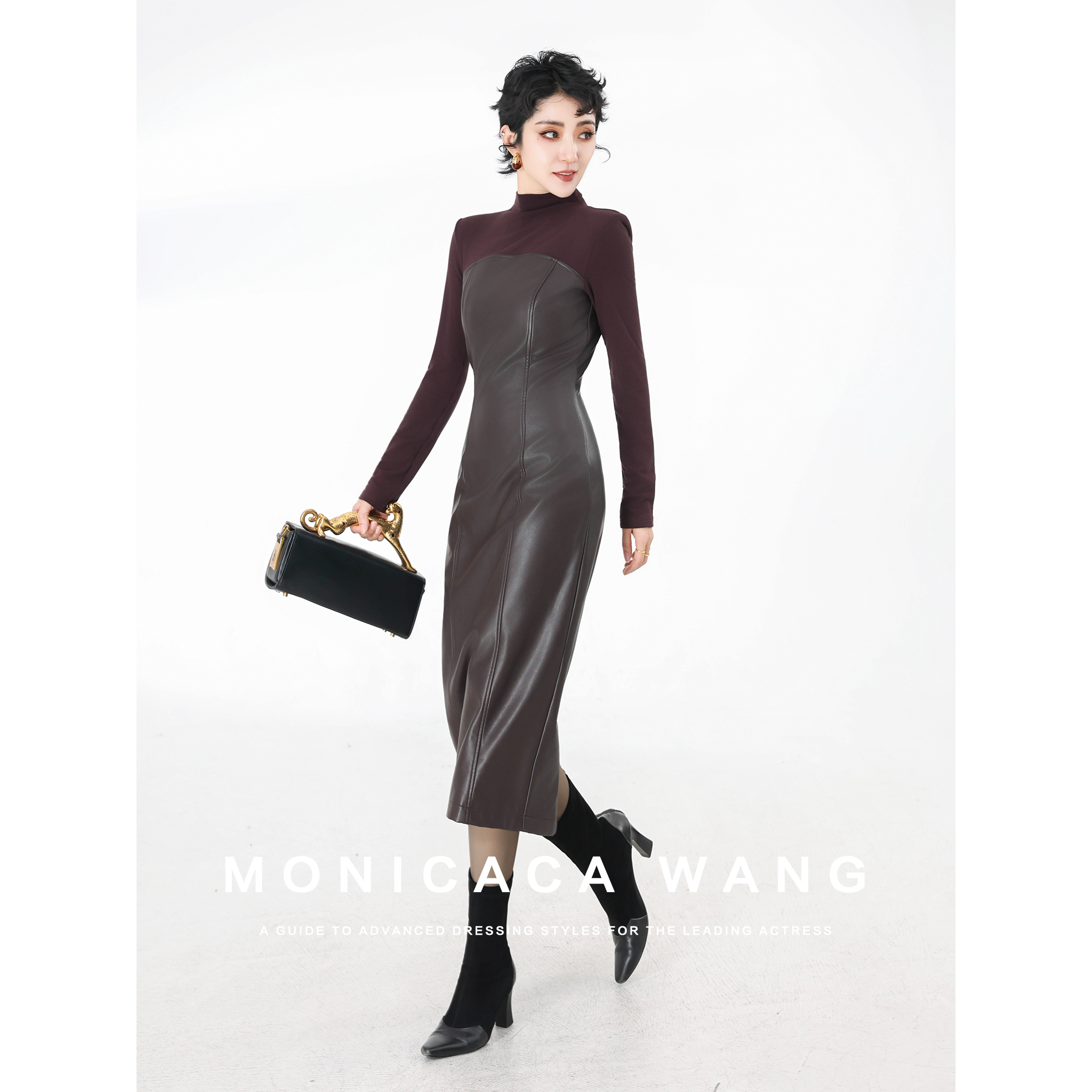 【莫妮卡卡】2025冬季新款时尚修身皮拼接加绒长款连衣裙ZJL20186