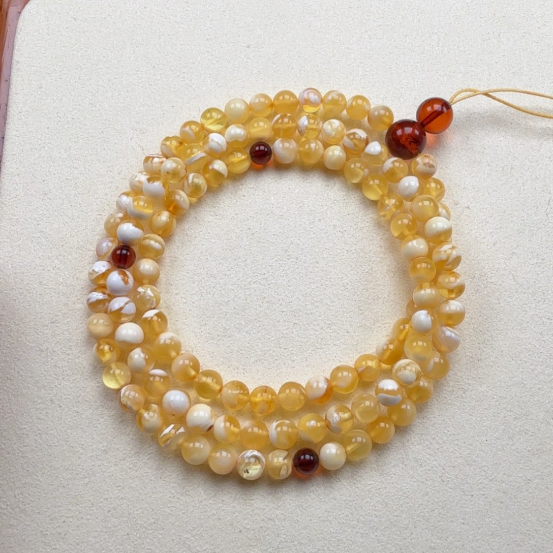 手串蜜蜡未镶嵌5+俄料金瓷白花108佛珠