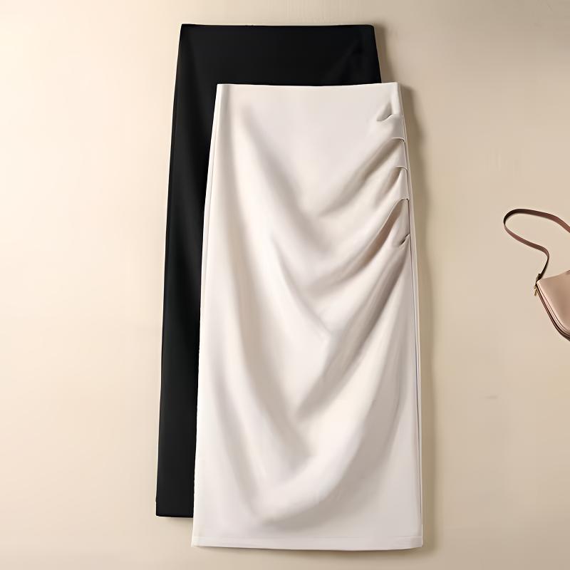 2025新款秋季女高腰显瘦遮肚褶皱气质百搭中长款后开叉西装半身裙