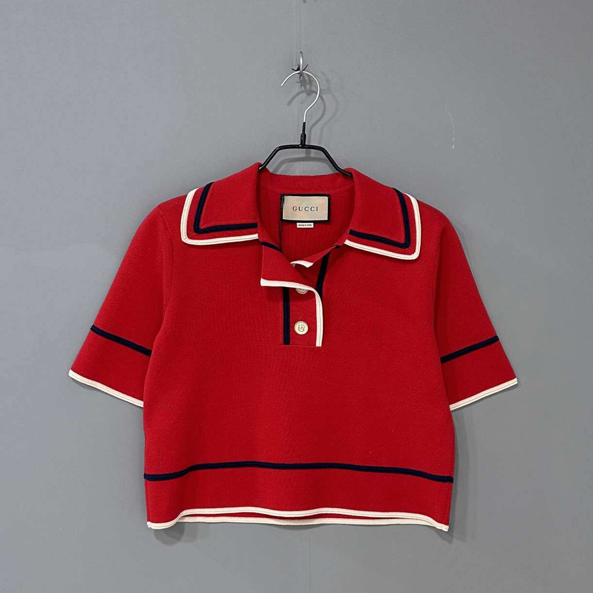 99新 GUCCI/古驰 条纹金扣针织上衣/xs码/80935