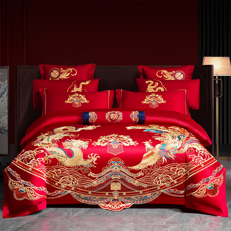 【情定龙凤】【100%棉】婚庆四件套大红色刺绣花结婚床上用品陪嫁喜庆