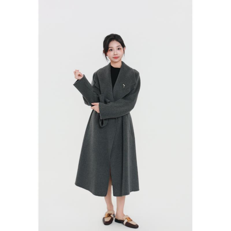 金季SEASONS长款翻领秋冬厚款高级韩系灰色毛呢毛毛外套