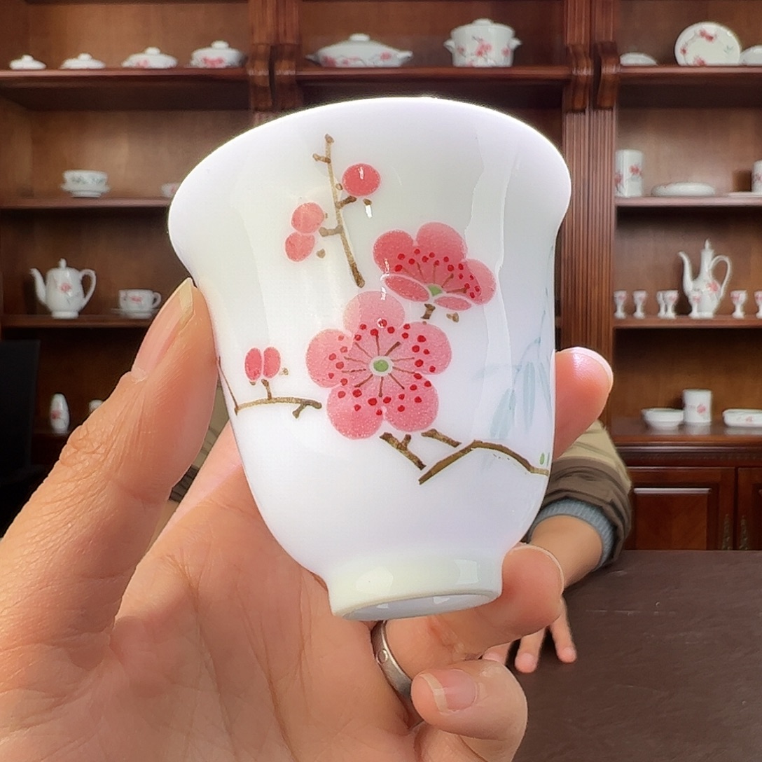 瓷翠竹红梅铃铛杯，微瑕