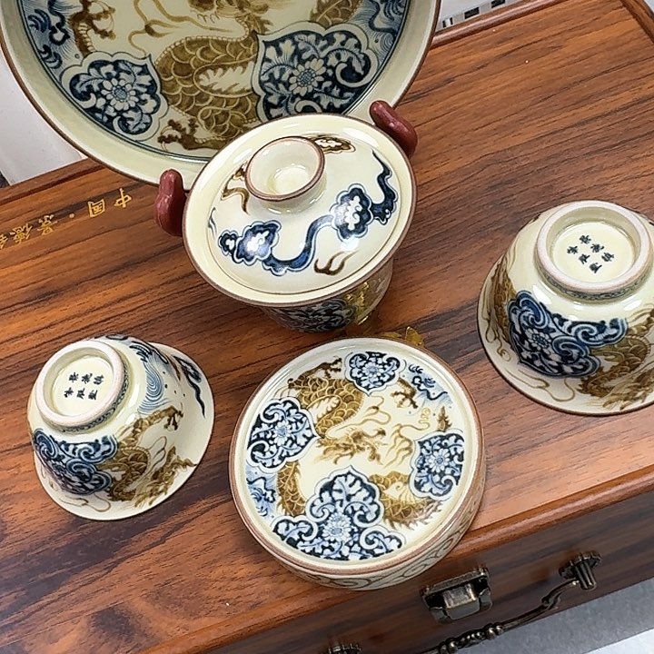 瓷片釉里金如意穿花龙5件套