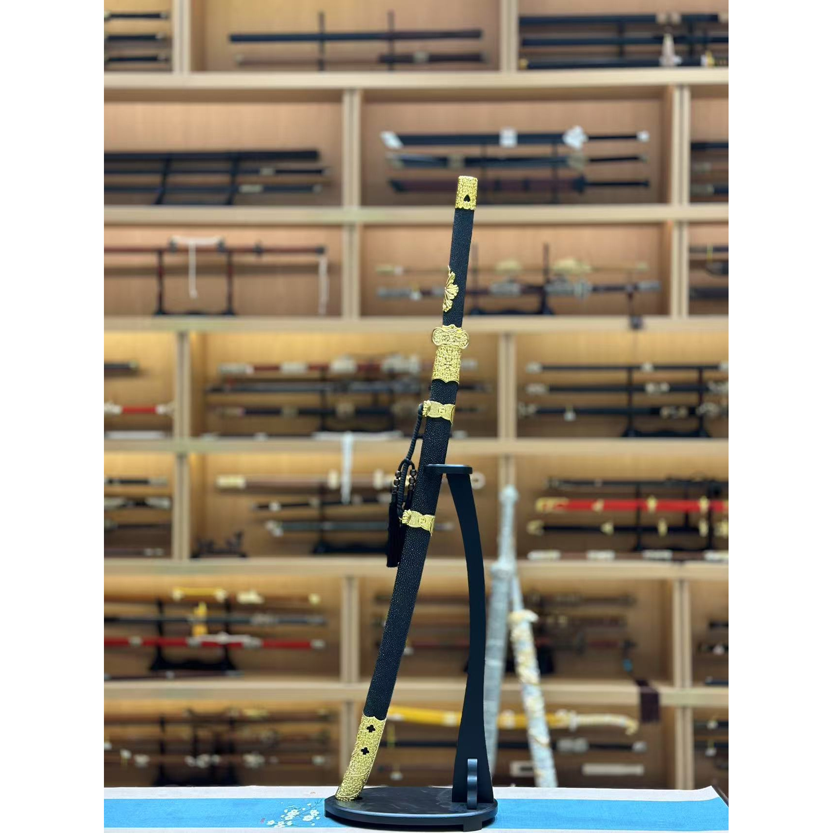 【璟天】X鱼皮丁白缨 自炼钢夹钢 鎏金 工艺品 未开刃