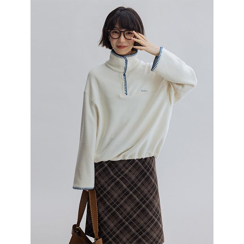 泰迪圈圈绒 贝壳绣摇粒绒套头卫衣女秋冬-灰色/奶白