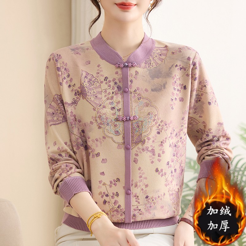 妈妈装新中式长袖打底衫洋气上衣50岁60中年女装春秋新款国风小衫