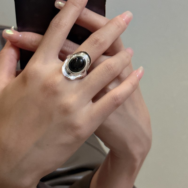 S925银黑玛瑙波浪风生水起对开口戒指