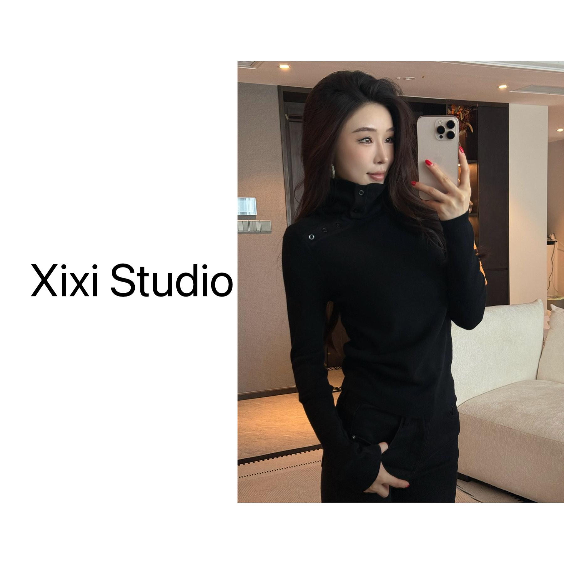 【西西】高领纽扣可调节针织毛衣长袖上衣