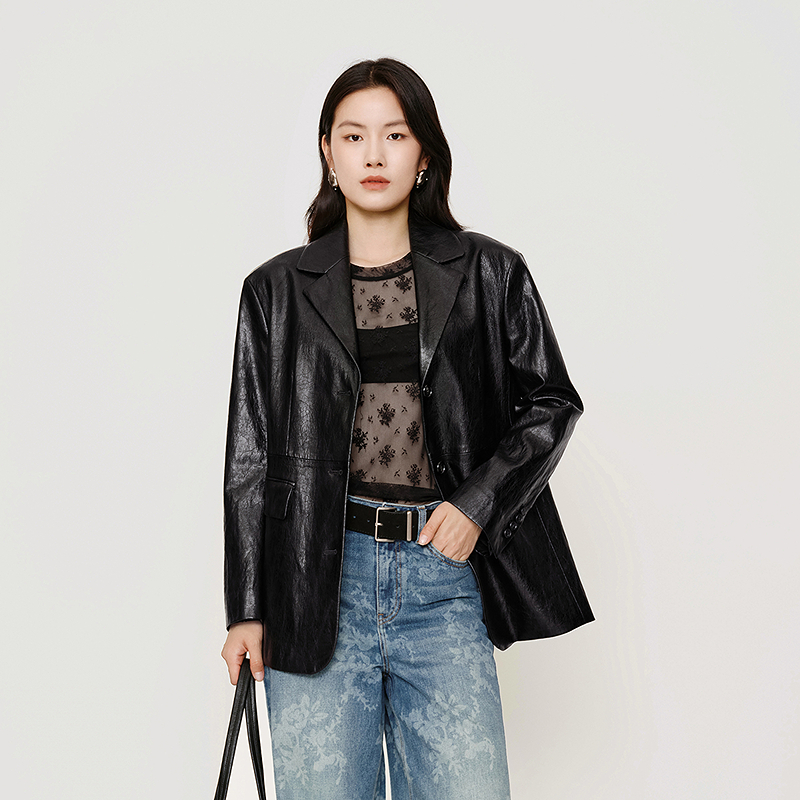 HPLY荷比俪秋女修身长款翻领复古简约通勤外套​HYF34520221