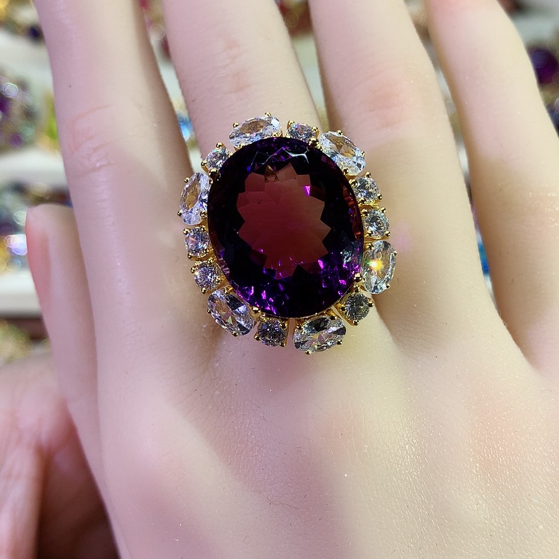 紫晶戒指银S925镀金镶嵌