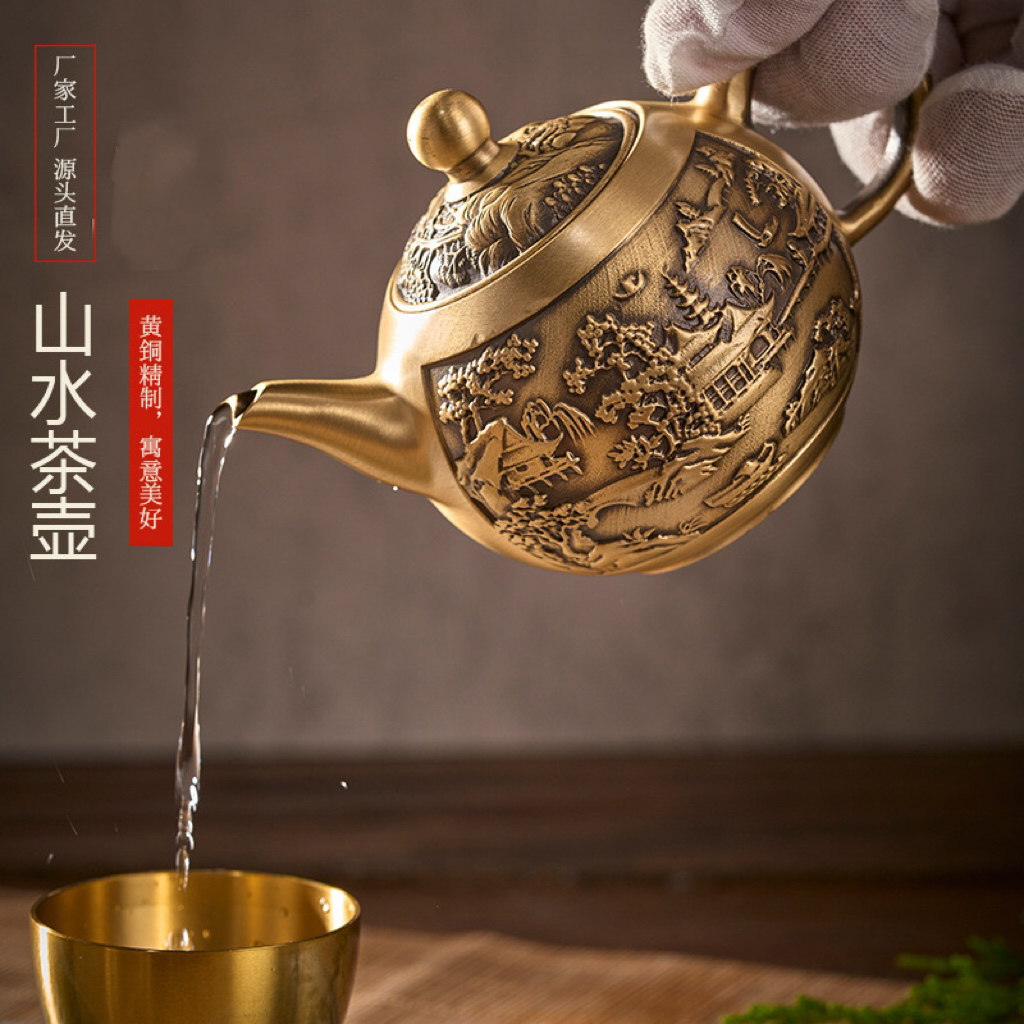 铜壶山水壶铜茶壶家居创意铜器摆件金属黄铜茶壶工艺品