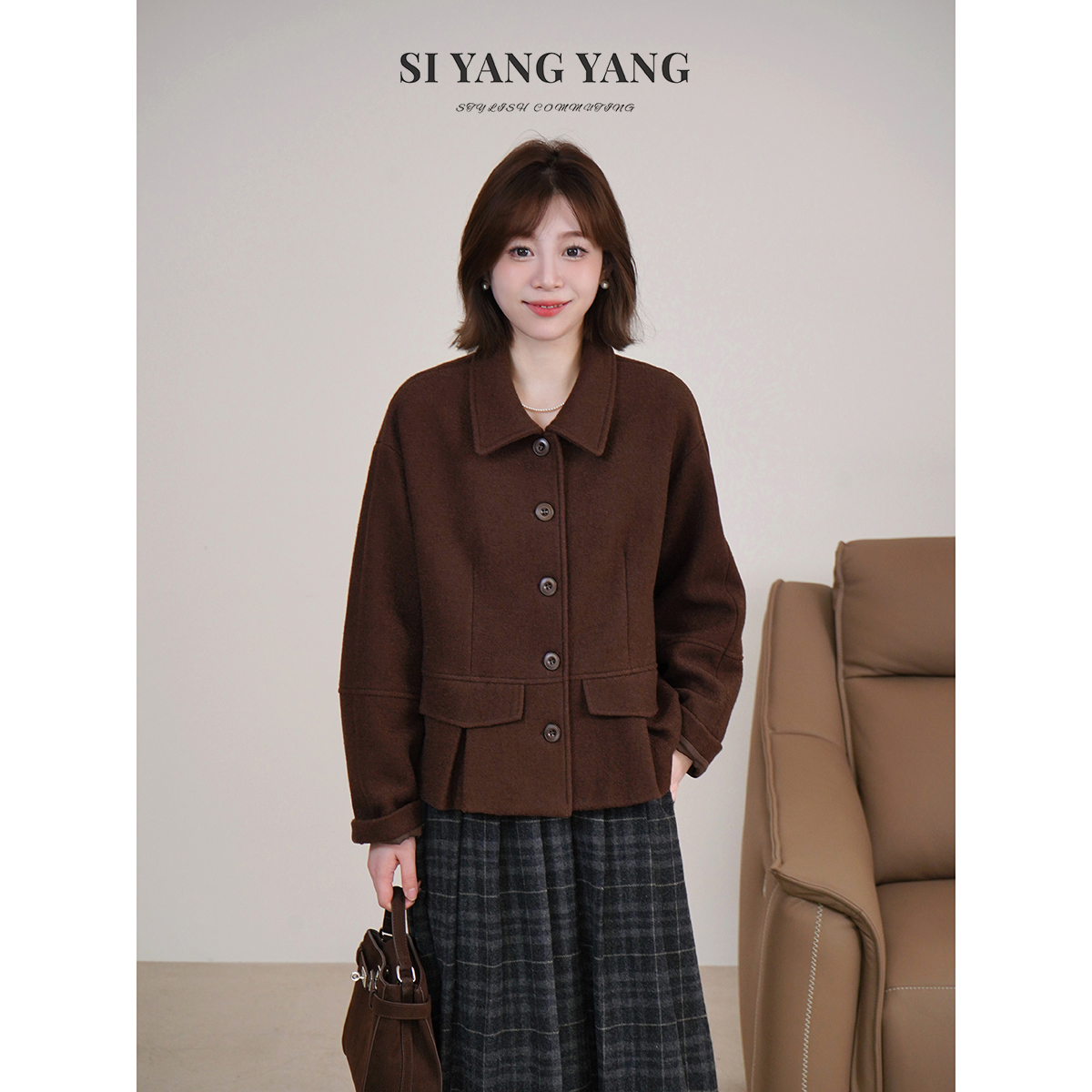 斯洋洋SIYANG绵羊毛混纺绒面小翻领设计百搭通勤外套WT510A074SYY