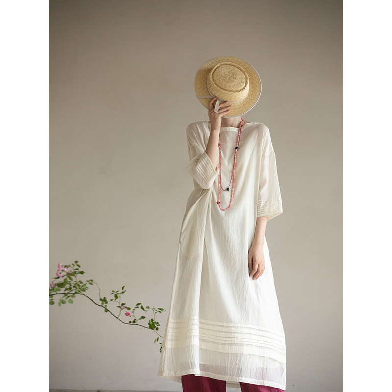 牧衣原创净色丝棉刺绣连衣裙新款文艺气质白色宽松长裙 半溪月