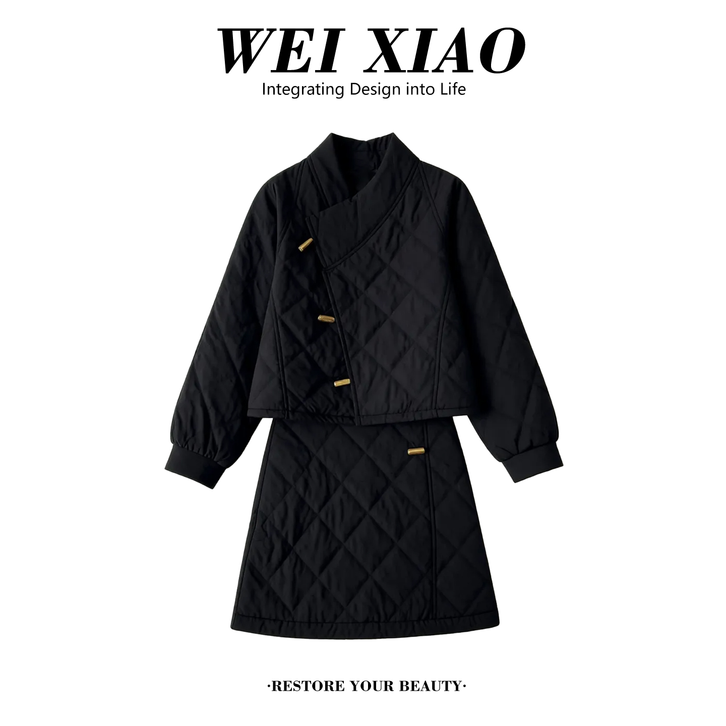 高级感小个子通勤套装2025冬新款轻国风气质短上衣+半裙加棉套装