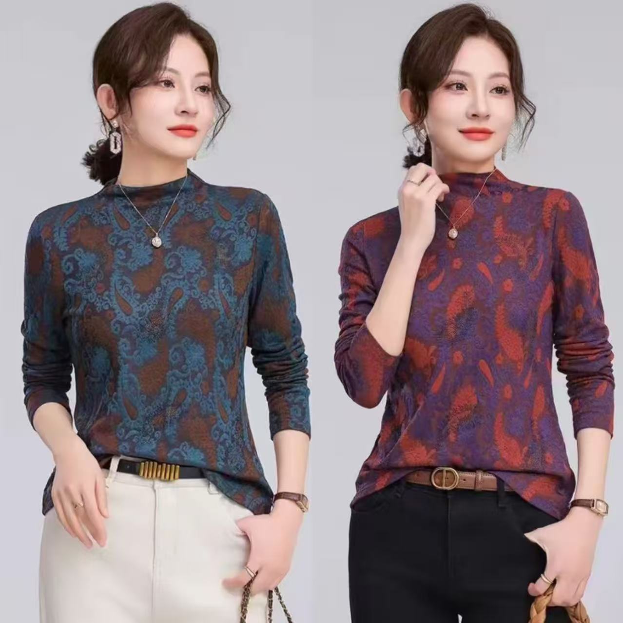 烫钻高档妈妈加绒打底衫厚款磨毛女士长袖上衣显瘦【精致·提花】