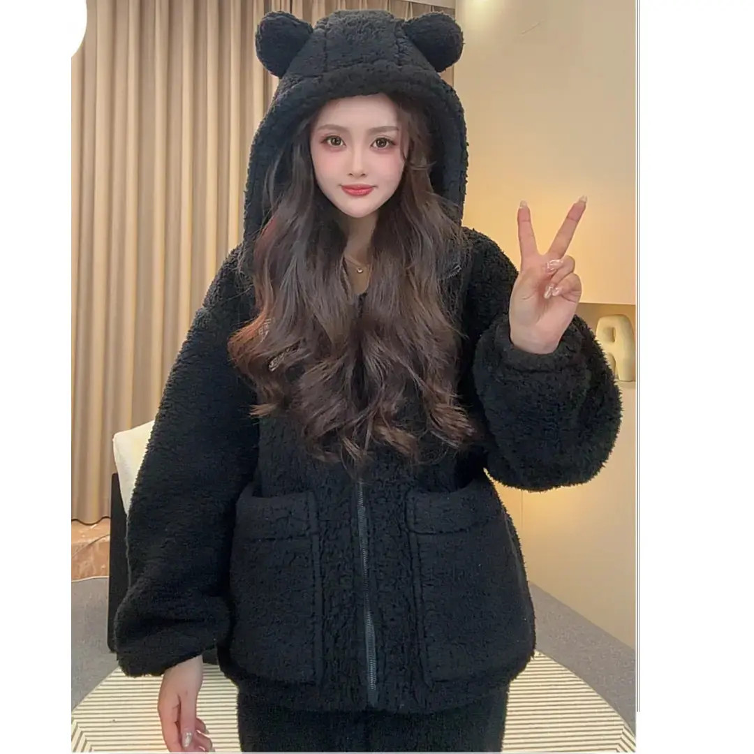 2025新款情侣睡衣男女爆款立领连帽拉链外穿套装长袖加绒加厚套装