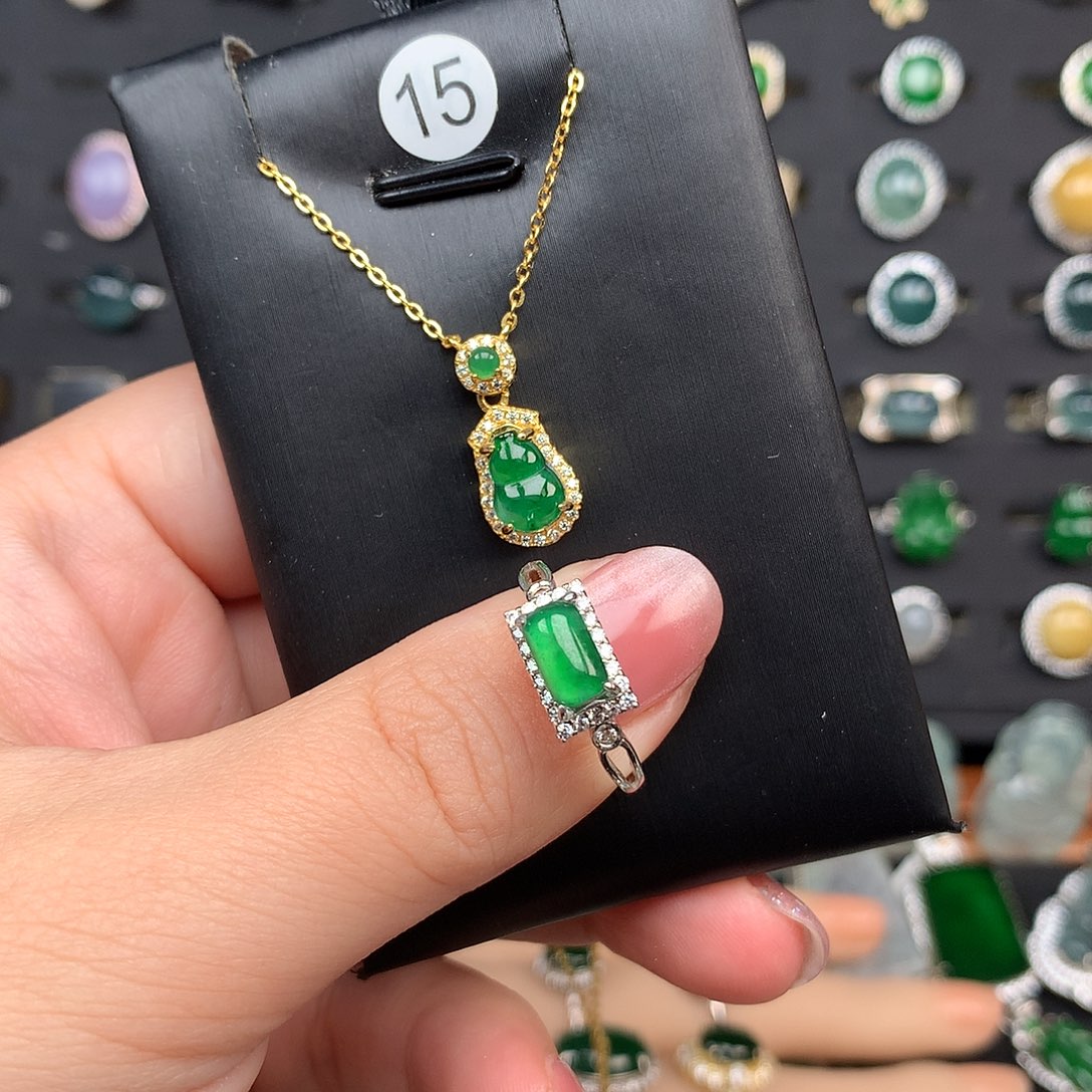 翡翠戒指银S925镶嵌咿**呀项链925