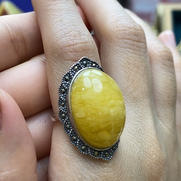 琥珀戒指银S925镶嵌戒指