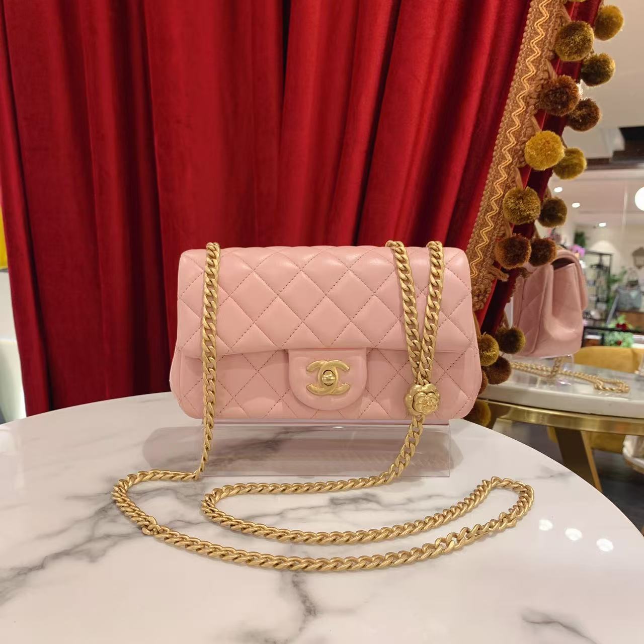 95新 Chanel/香奈儿 GGS23s山茶花金球cf小号粉金羊皮21814389