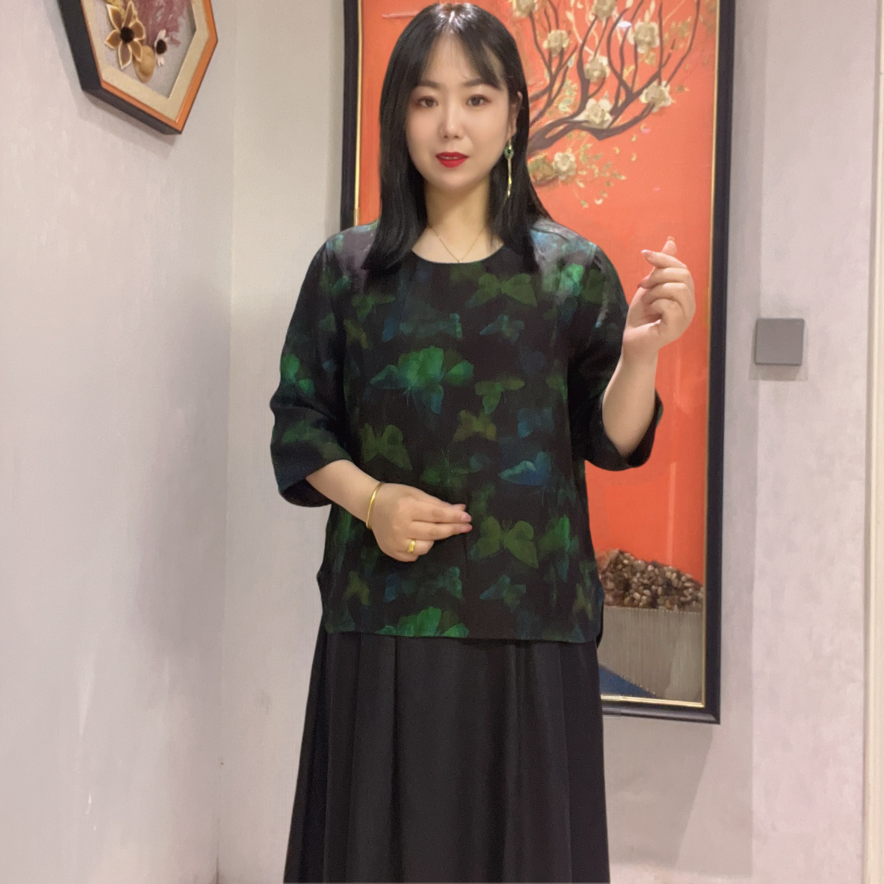 570【金姐专属】新款灌乐皱时尚网红复古圆领上衣