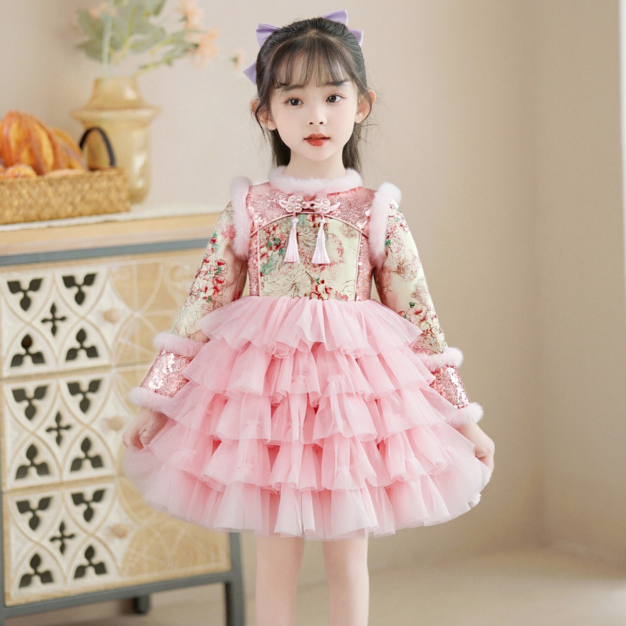 女童公主裙秋冬新款时髦国风洋气夹棉连衣裙女童蓬蓬裙