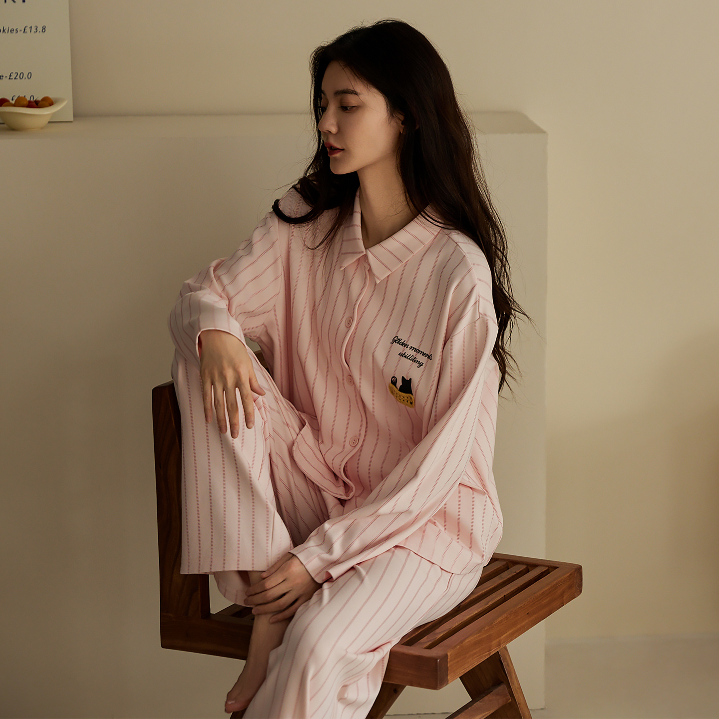 秋女士翻领睡衣纯棉氨纶休闲家居服透气清凉宽松韩版可外穿