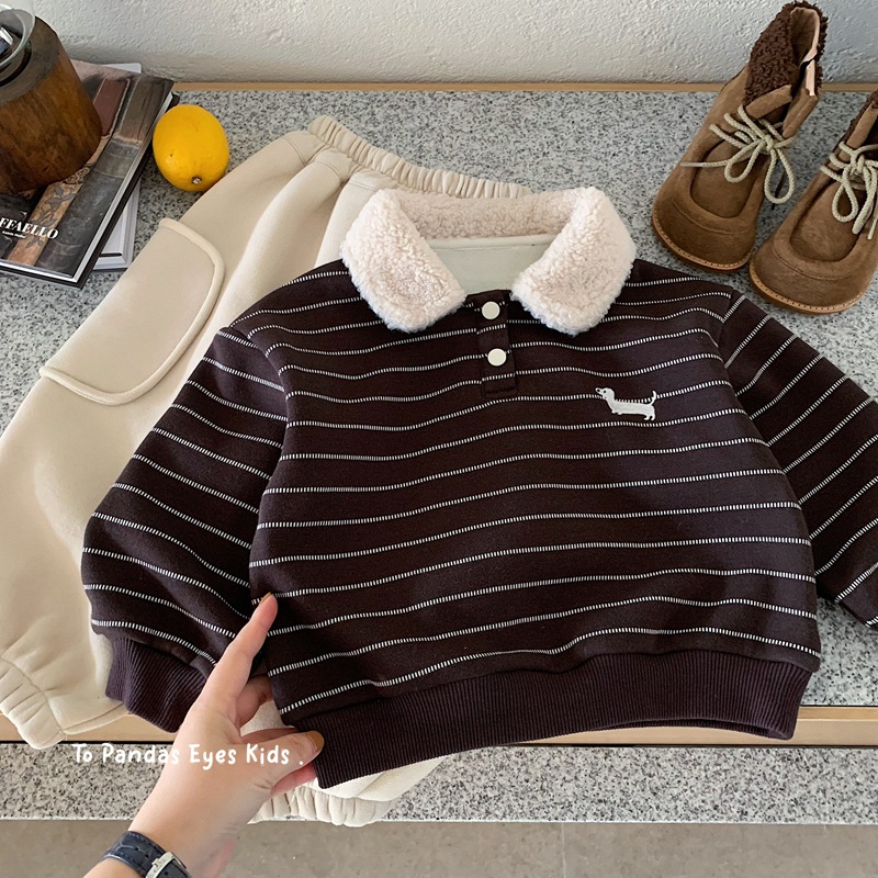 男童POLO衫加绒卫衣冬季条纹2025宝宝洋气保暖上衣儿童加厚打底衫